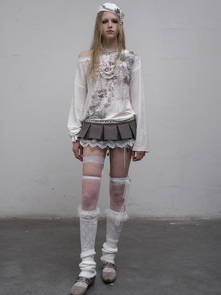 ウェイストランドパンクレターロングトップ、アシンメトリーブルー/ベージュスリーブ、ネックラインプリント