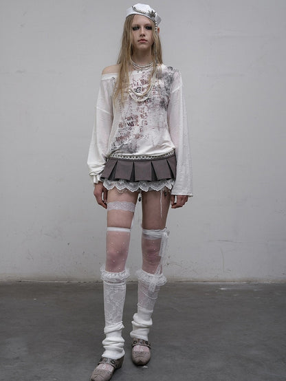 ウェイストランドパンクレターロングトップ、アシンメトリーブルー/ベージュスリーブ、ネックラインプリント