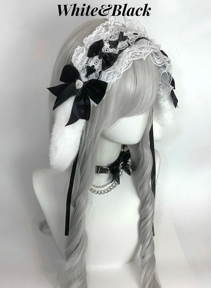 Bunny Ear Bow Heart Rhinestone Ruffled Lace Hairband