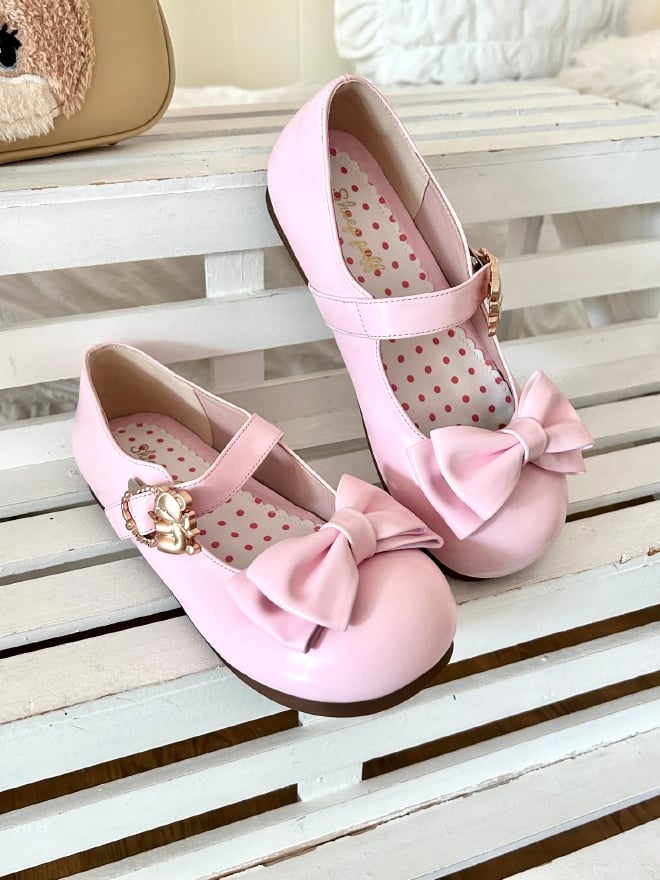 Pink Sweet Flats Bear at with Bow Heart Lolita Top Buckles Hugging