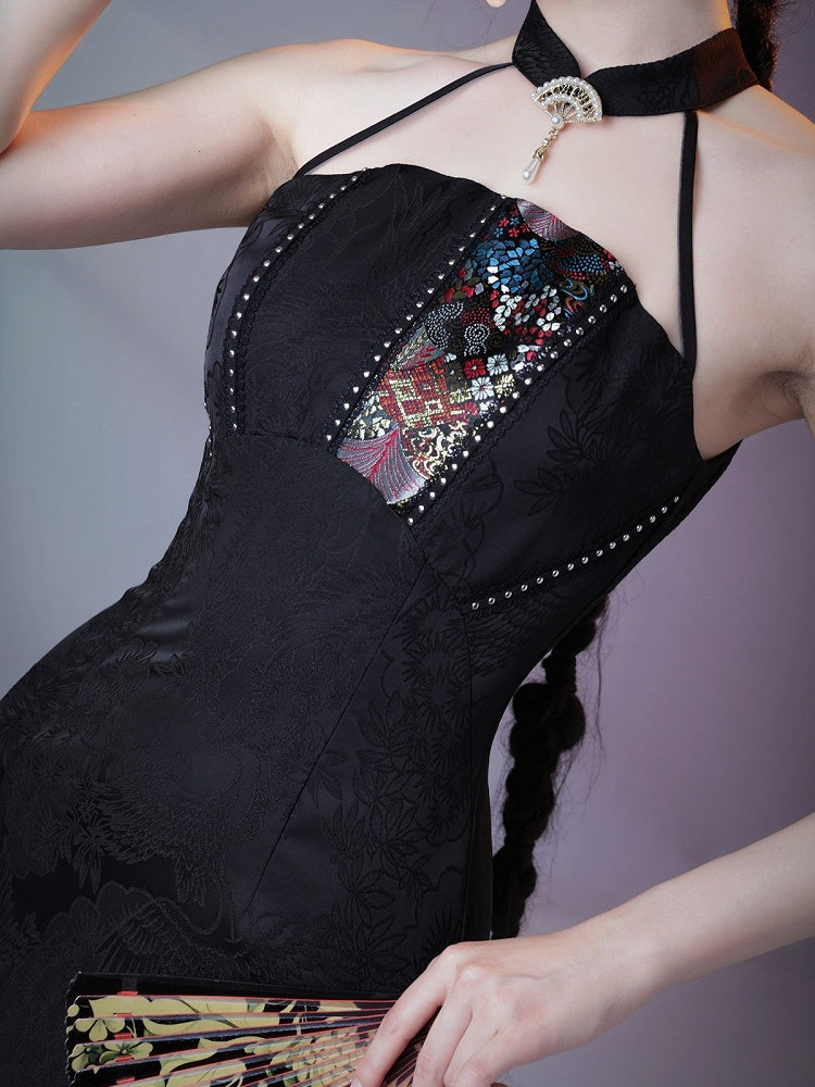 Vintage Halter Neck Lace Dress with Embroidery - sijinstudio