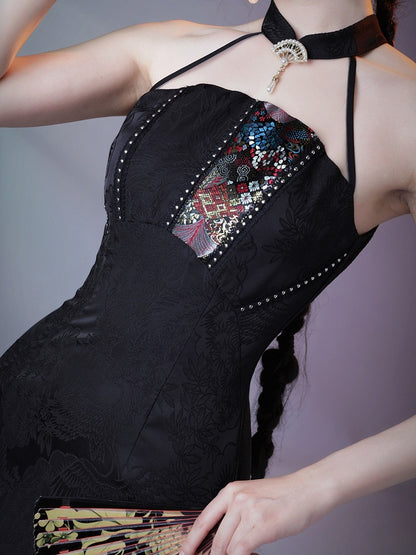 Vintage Halter Neck Lace Dress with Embroidery - sijinstudio
