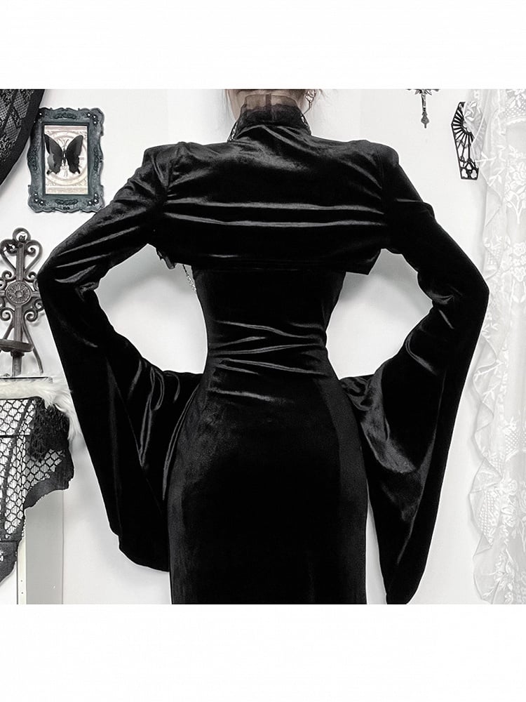 Gothic Trim Sleeve Detail Bell Black Shrug Chain Gem Halloween Lace with