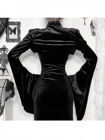 Gothic Trim Sleeve Detail Bell Black Shrug Chain Gem Halloween Lace with