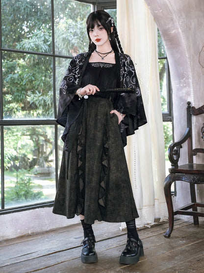 Ink Wash Print Chinese Gothic Black Midi Skirt with Ruffle - Quirky Hut