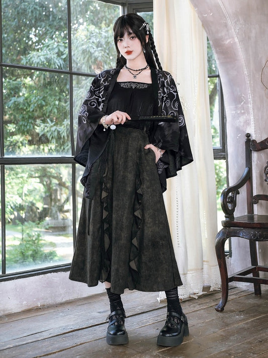 Ink Wash Print Chinese Gothic Black Midi Skirt with Ruffle - Quirky Hut