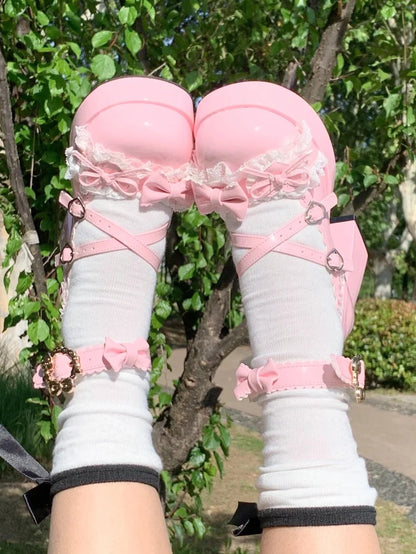 with Pink Crisscross Mary Design Heel - Sweet Lolita PU Print Janes Platform Dessert Spoon