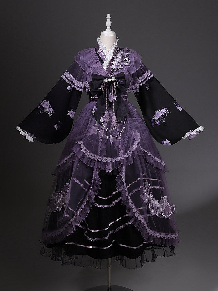 Floral Crossover Dress Neck Black Overdress Purple + Lolita Skirt Han Print Tulle