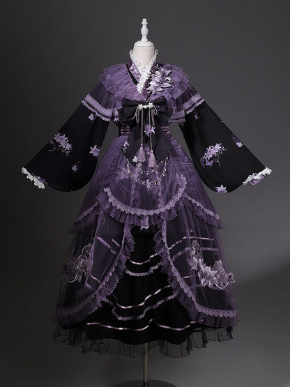 Floral Crossover Dress Neck Black Overdress Purple + Lolita Skirt Han Print Tulle