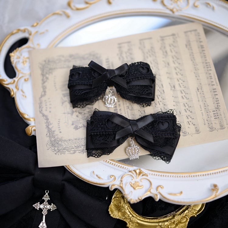 Jirai Kei Bow Hair Clips with Rhinestone Crown Charm