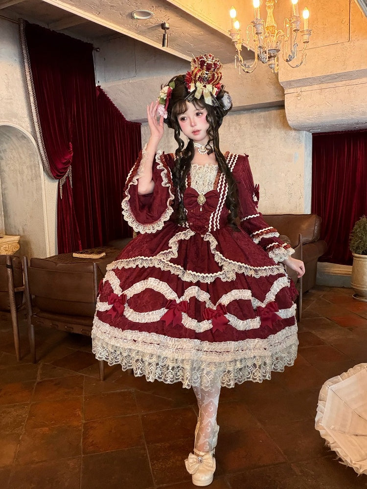 Elegant Classic Wine Red Lolita Dress with Bell Sleeves, Lace & Layered Ruffles - Strawberry Cocoa Lolita