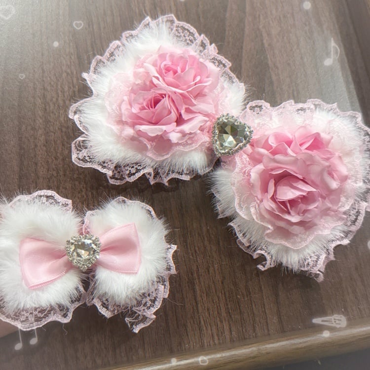 Hairclip Ring Bow Set Plush Lolita-Style White Matching