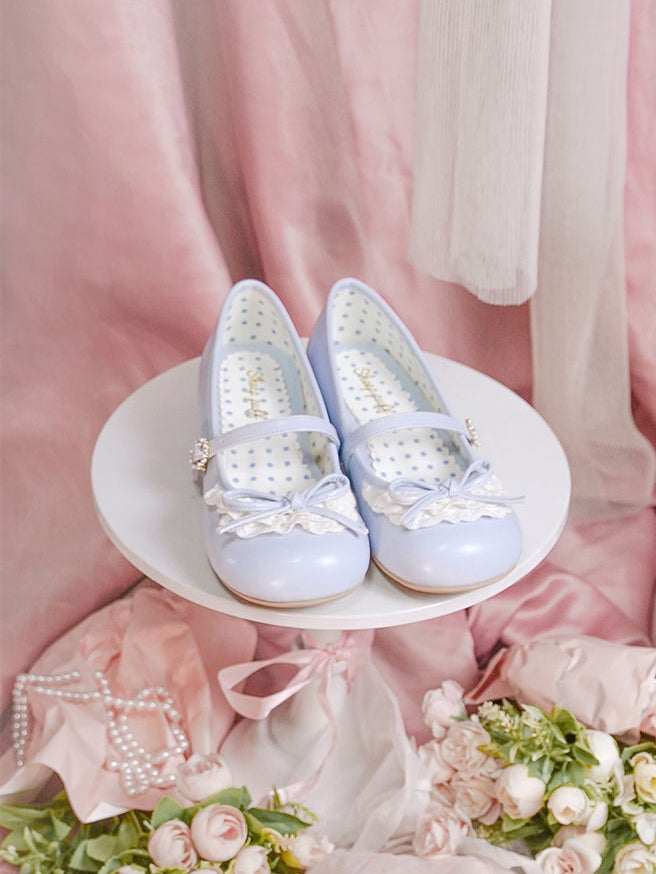 ヒール 2.2CM/4.3CM ジェーンズ メアリー トゥトリム ブルー ラウンドアクセント ノットレース ボウ