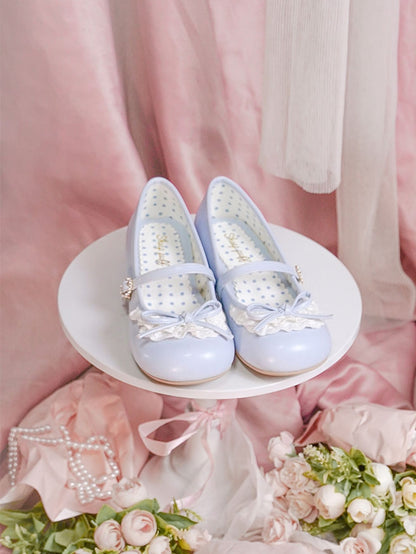 ヒール 2.2CM/4.3CM ジェーンズ メアリー トゥトリム ブルー ラウンドアクセント ノットレース ボウ