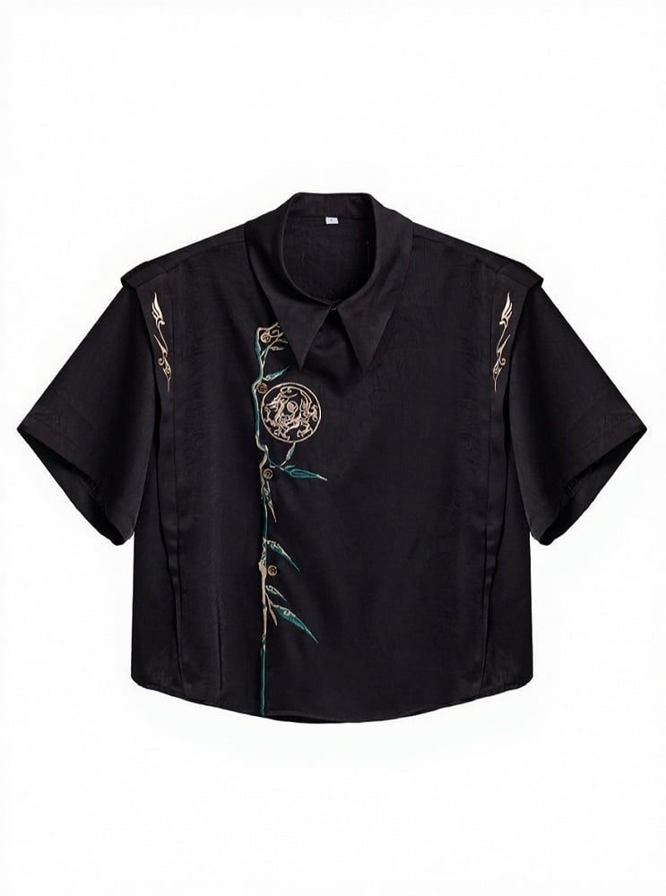 Black Chinese Embroidery Loose-Fit Asymmetrical Short-Sleeve Shirt - Qing Tang Original