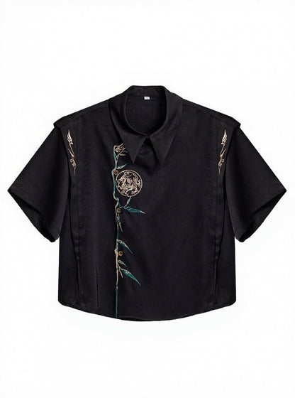 Black Chinese Embroidery Loose-Fit Asymmetrical Short-Sleeve Shirt - Qing Tang Original