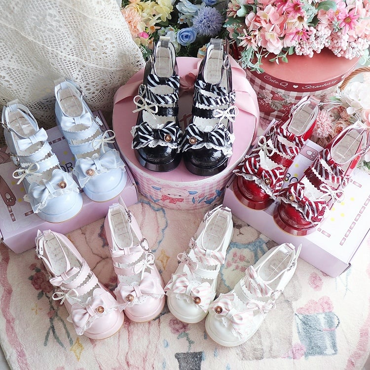 Platform Janes Sweet Decor Lolita Top Kitten Heart Print Buckle at Button  Bow Stripe Black - with Mary