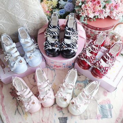 Platform Janes Sweet Decor Lolita Top Kitten Heart Print Buckle at Button  Bow Stripe Black - with Mary