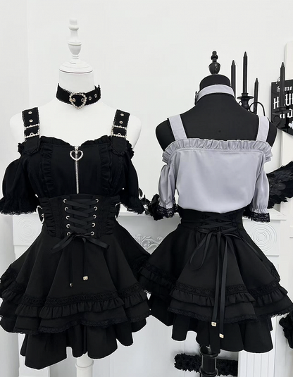 Tiered Skirt Black and Jirai Kei Heart Buckles Lace-up Front Back