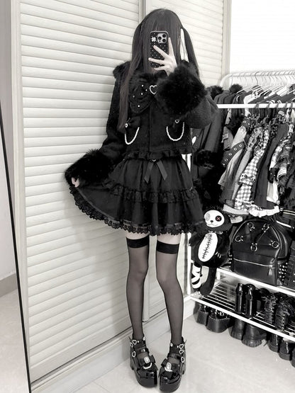 Bow Decor Black Jirai Beaded with Short Fuzzy Kei Chain Coat