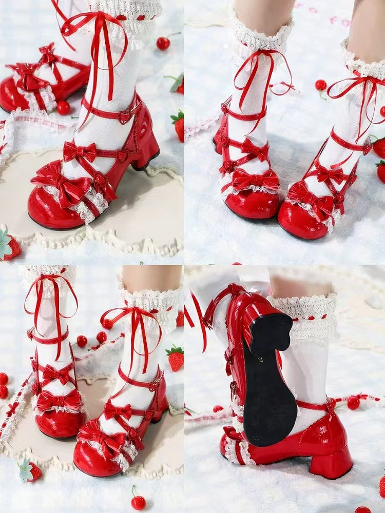 Round Toe Janes for Details Accents Lolita Mary - Mid-heel with Red Heel Cat-shaped Bow Lace