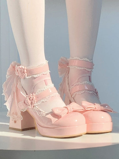 with - Heel Cherry Accents PU Heart Janes High Mary Lolita Platform Buckle Blossom Block Sweet Cutout Bow Pink