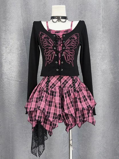Top Faux Y2K Schnürung vorne Schmetterlingsdruck Schwarz Pink Plaid Zweiteiler und