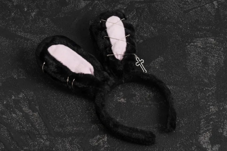 Pins Cross Details Gothic Black Plush Bunny Ears KC
