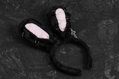 Pins Cross Details Gothic Black Plush Bunny Ears KC
