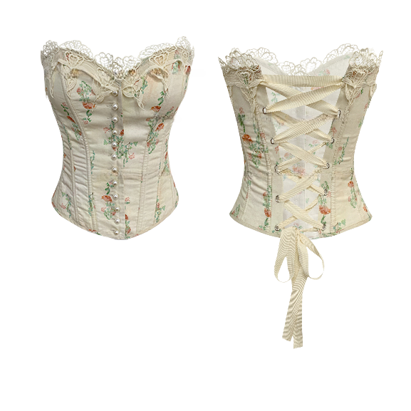 Aprikosenfarbenes Bustier-Korsett-Oberteil aus Baumwolle mit Blumenmuster und Stäbchen
