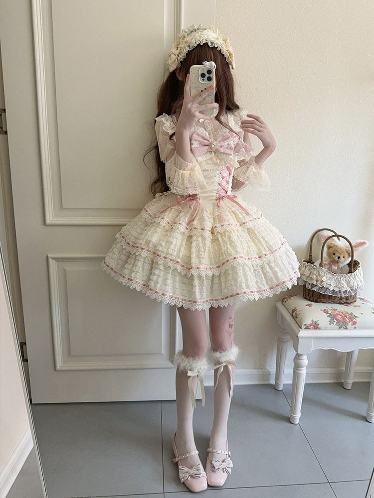 Apricot Lace-up Lolita JSK Dress with Bead Chain Bow - Miss Han