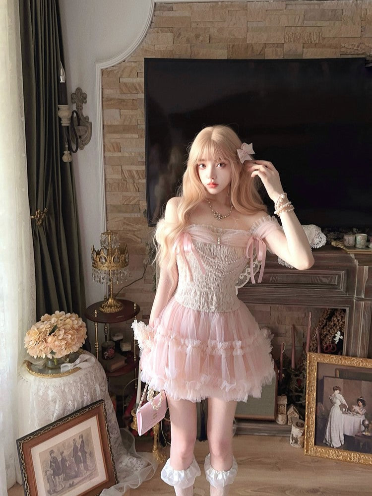 Slip Ribbon Tiered Mesh mit Perlen Akzente Abnehmbare Kette Kleid Rosa