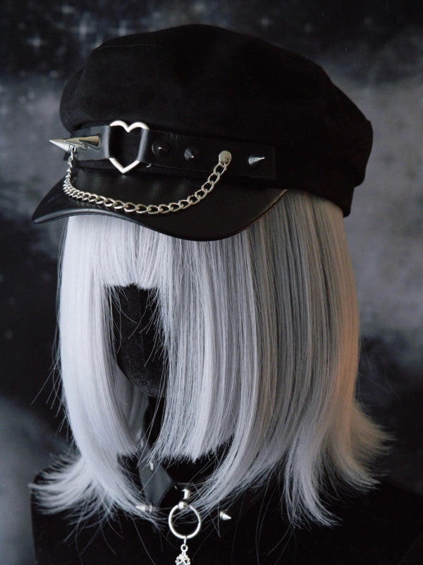 Studs Gothic Ring Beret Black Details Hat Chain Heart Charm