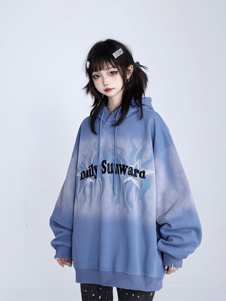 Retro Vintage Hoodie Blue Embroidery with Hood Gradient Fall Drawstring Star Lettering