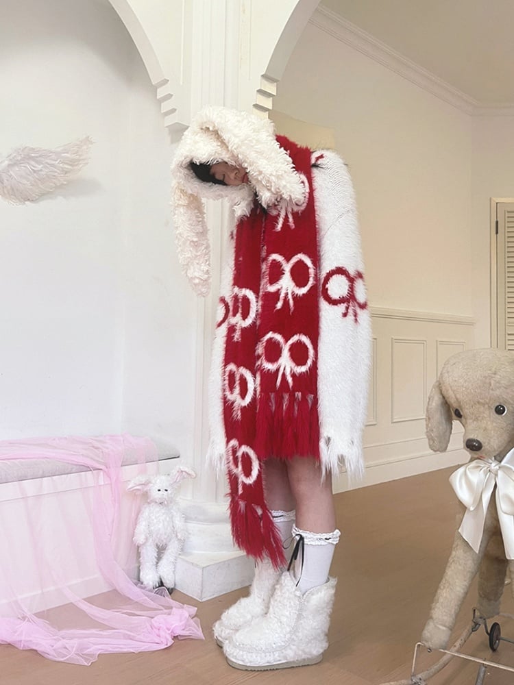 Chime Jacquard and Wind Cozy White Fuzzy Sweater with Distress Trim and Bow