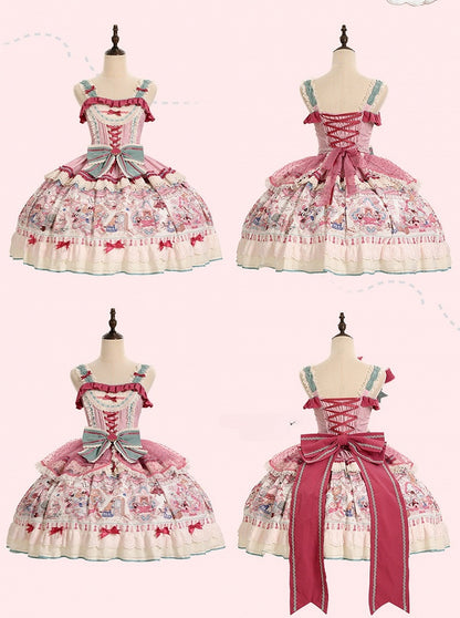 Pink & Green Alice Cat Vibes Sweet Lolita Jumper Skirt with Polka-dot Apron - Mewroco