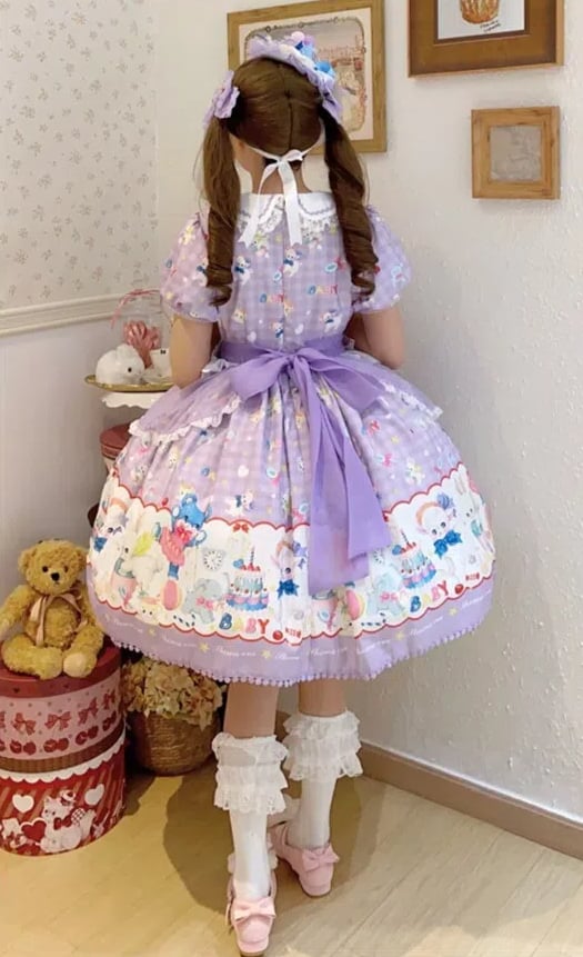 Lamm Ausverkauf - Größe L Kleid Bärendruck süßer Kragen 100 cm Lolita und lila Brustpan für Peter kurze Ärmel