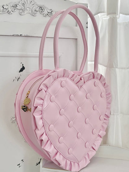 Tasche mit Herz-Steppbesatz, elegant, rosafarbener Lolita-Rüschen-Handtasche