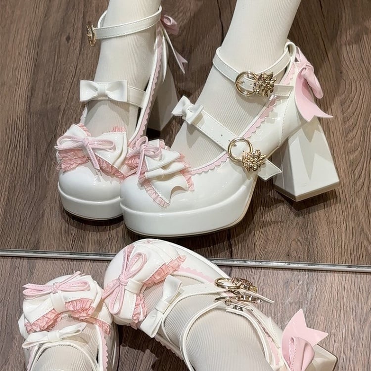 Bow White Height and Lolita Pink Elegant Ankle 8cm Strap Accents with Heel