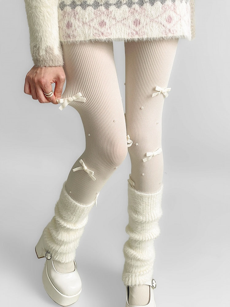 Knitted White/Pink Tights Decorated Cream White/Black Bowknot Bead