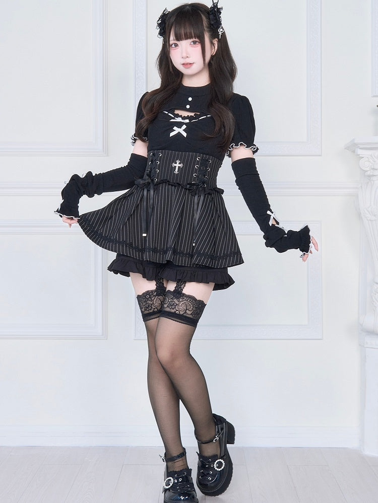 Knit Top with Contrast White Lettuce Hem Cuffs and Free Arm Warmers Jirai Kei Black