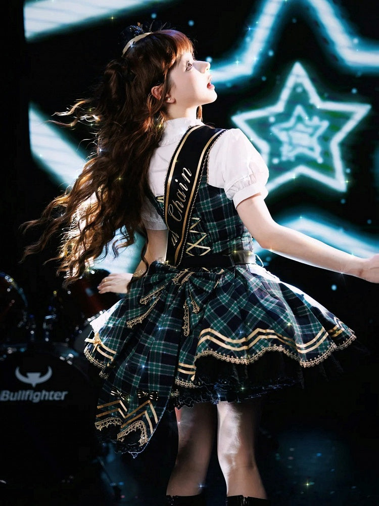 Green Idol Lolita Plaid JSK Dress with Golden Bear Embroidery and Black Scalloped Hem - LiLi Chain