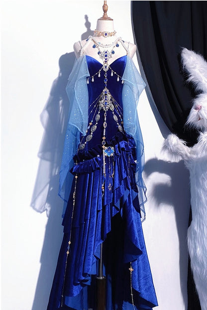 Deep Sea Blue Velvet Mermaid Skirt Backless Siren Prom Dress Evening Gown BE001