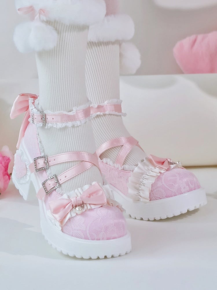 Sophisticated Sakura Pink Lolita Shoes - Sparkling Buckle Design with Back Detachable Bow & Ruffles Trim