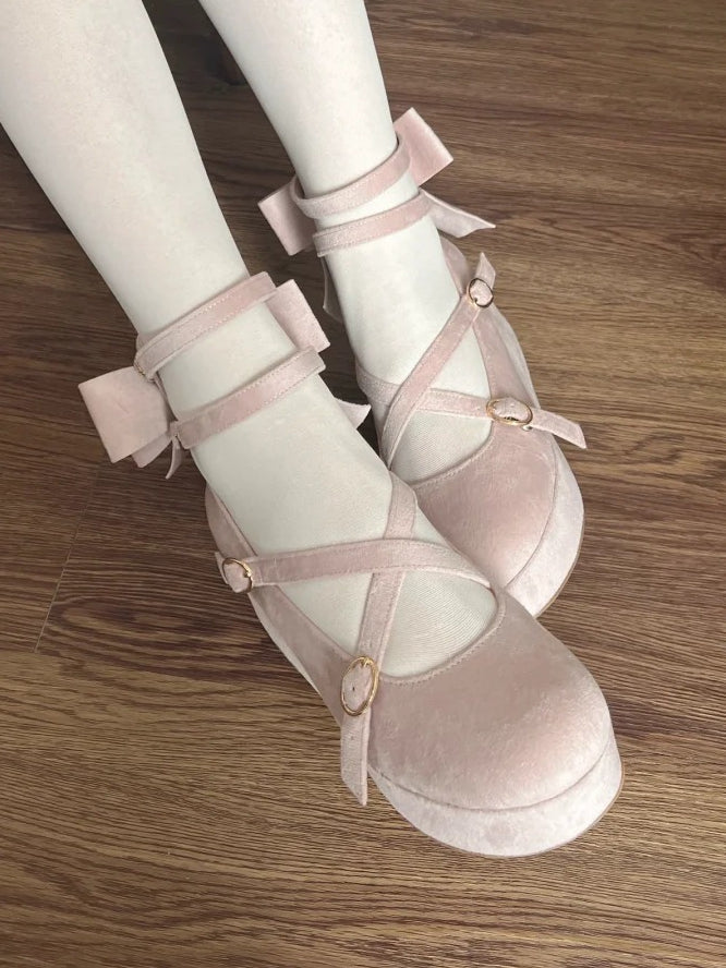 Plateauschuhe mit Keilabsatz und Schleife, Samt-Design, kreuz und quer, Rosa - Accent Sweet