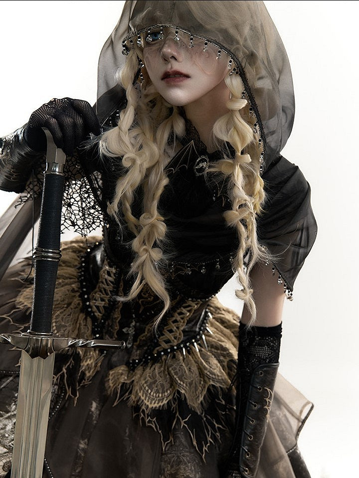 Brown & Gold Bone Dragon Embroidery Halter Neck Gothic Lolita Dress Set - Ying Luo Fu