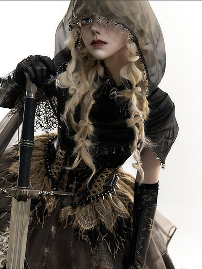 Brown & Gold Bone Dragon Embroidery Halter Neck Gothic Lolita Dress Set - Ying Luo Fu