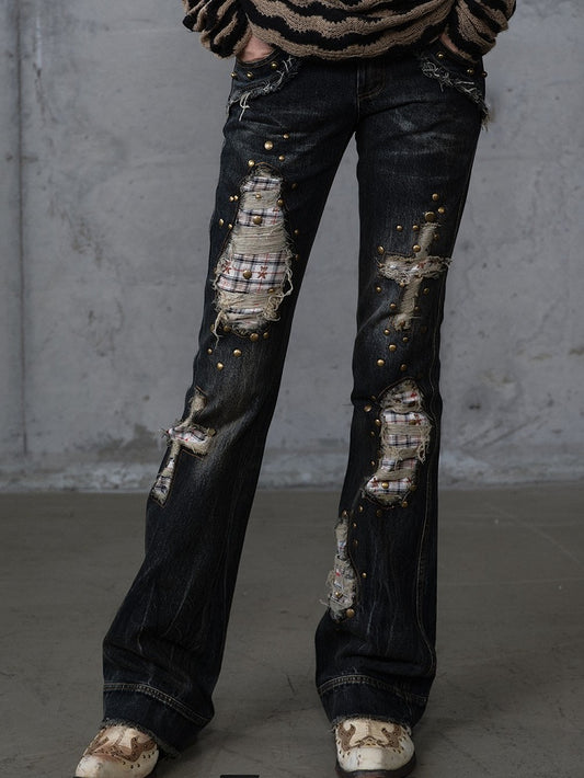 Plaid Distressed Patches Jeans Hem Punk with Frayed Black Wash Cross