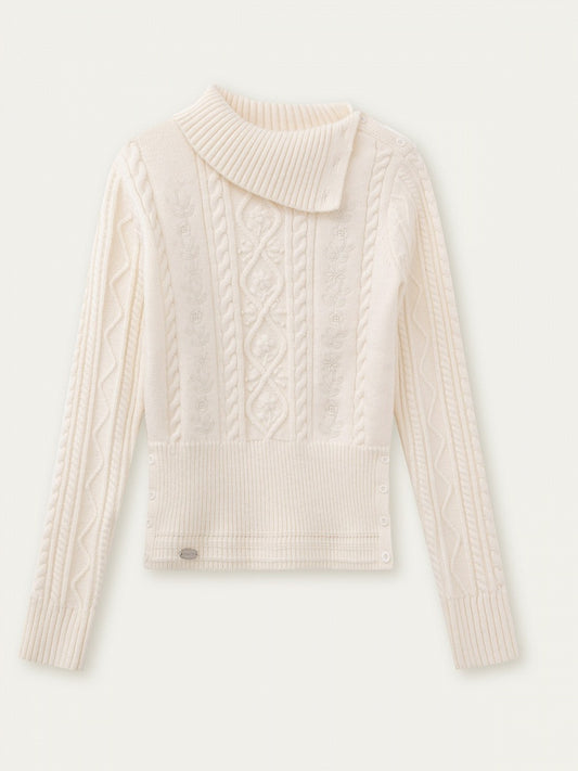 Elegant Sweater Cable Mock White Knit Vintage Neck