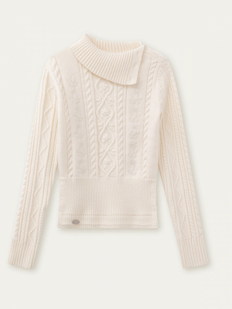 Elegant Sweater Cable Mock White Knit Vintage Neck